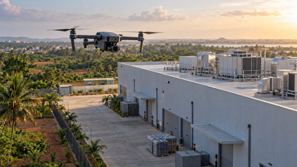 Drone civil inspectant un site industriel dans un environnement inspiré du Bénin