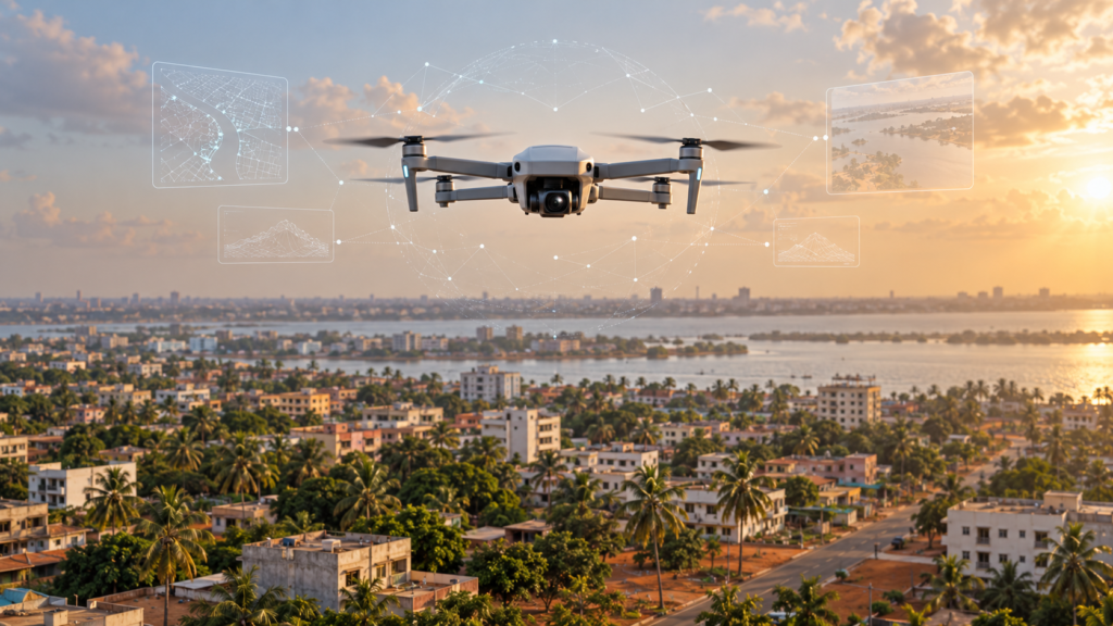 Drone civil utilisant des données intelligentes au-dessus d’un environnement urbain inspiré du Bénin