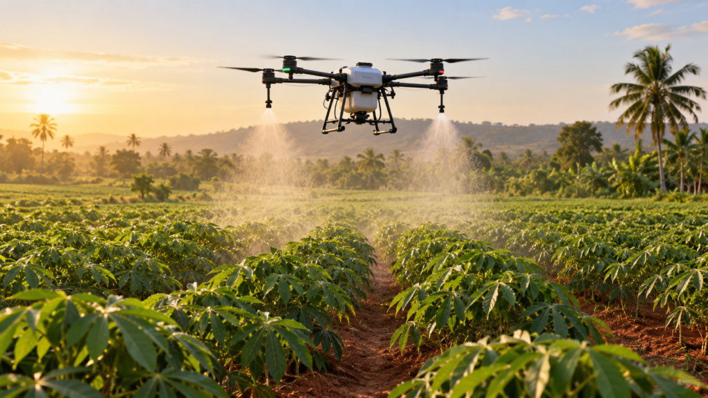 Drone agricole appliquant un traitement ciblé sur des cultures au Bénin